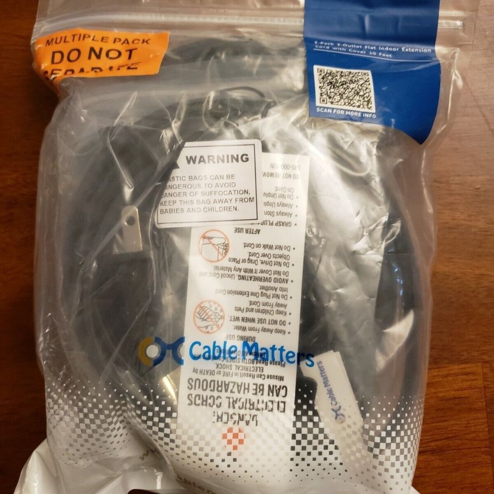 Cable Matters 2-Pk 3 Outlet Flat Indoor Extension Cord with Cover Black 10'